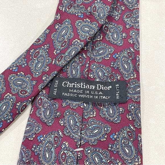 Vintage Christian Dior Monsieur Silk Tie Burgundy Blue Paisley - Picture 5 of 6